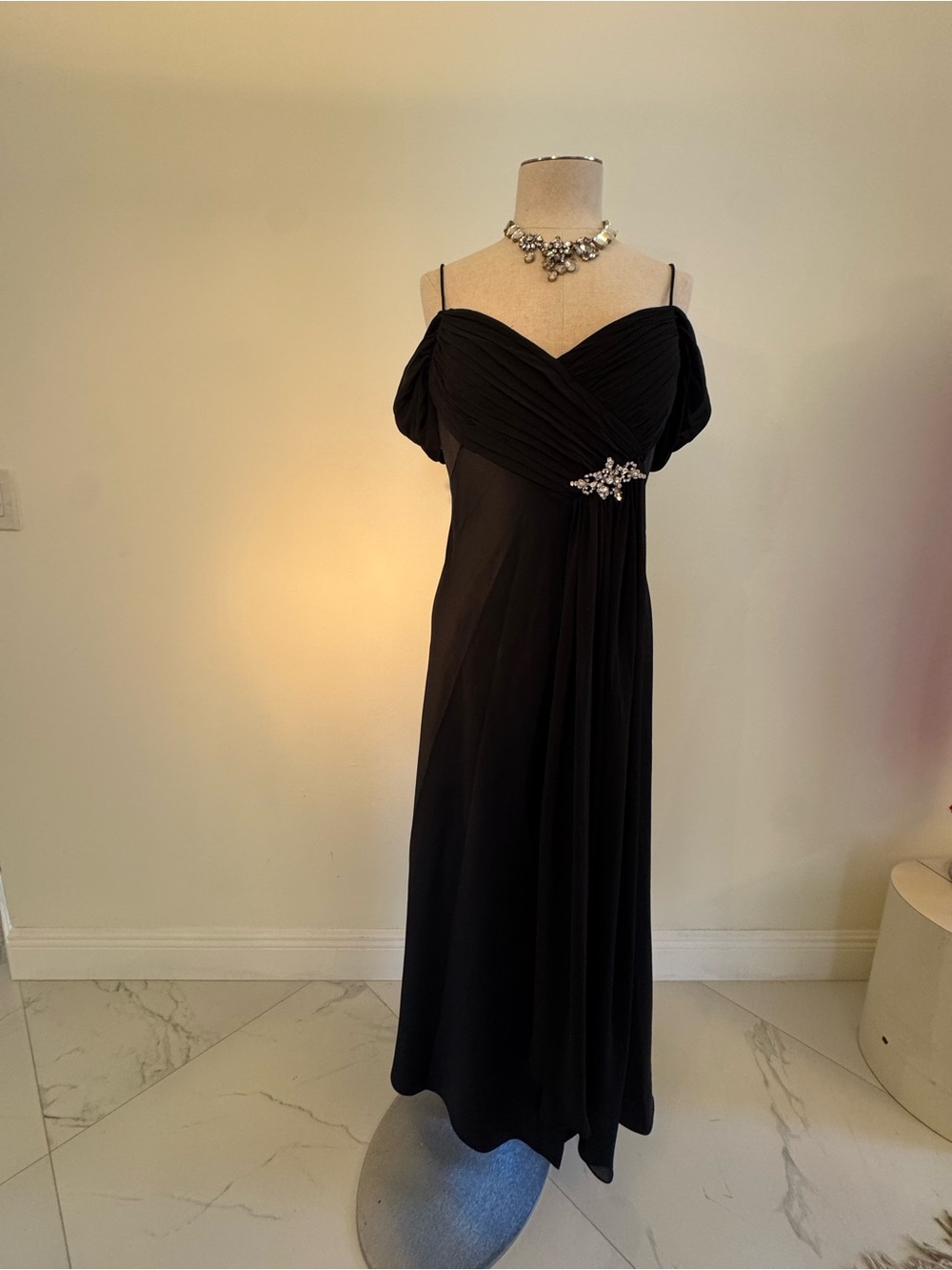 Alex Evenings Black One-Shoulder Evening Gown with Crystal Accent